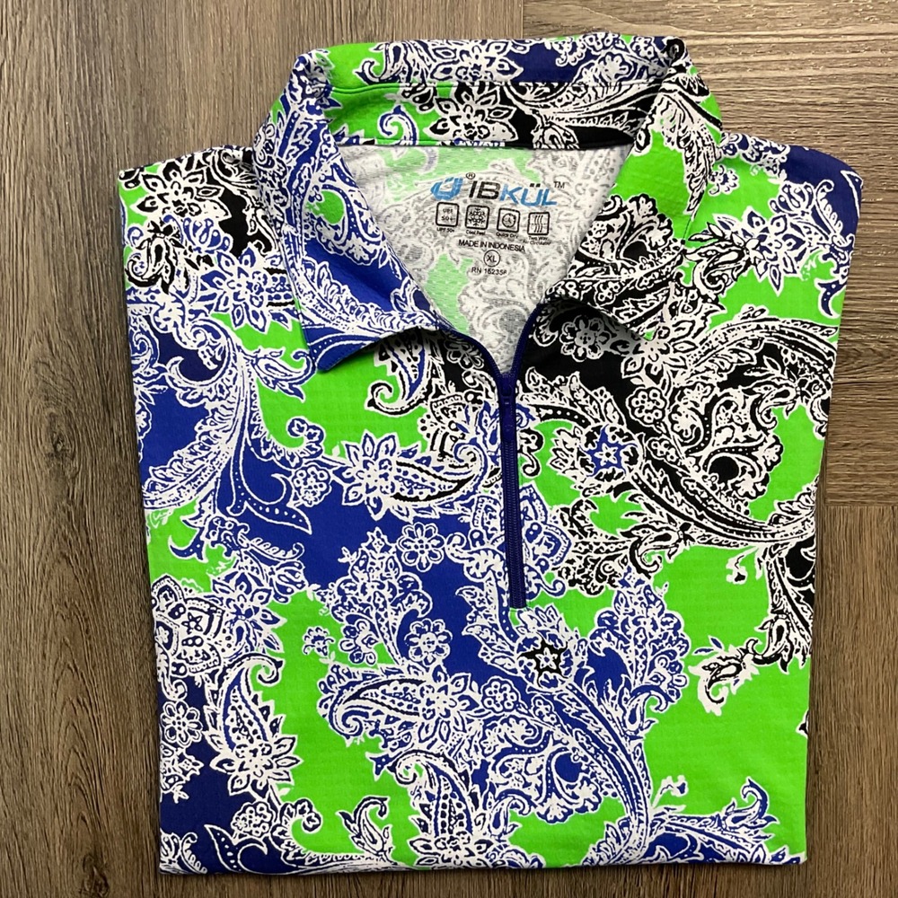 IBKUL Paisley Long Sleeve Quarter Zip Golf Shirt Womens XL Green Blue UPF50 - Picture 3 of 8